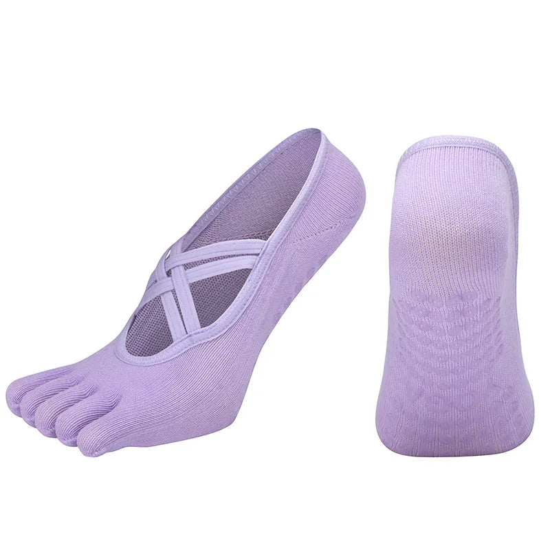 Women Anti Slip Pilates Five Toe Yoga Socks Silicone Grip Cotton Fitness Socks 1–4 Pairs