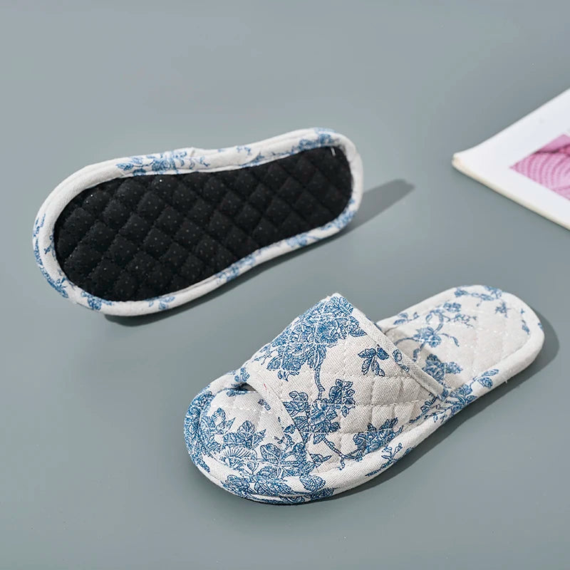Floral Cotton Slippers Lightweight Anti Slip Indoor Home Shoes for Women Couples