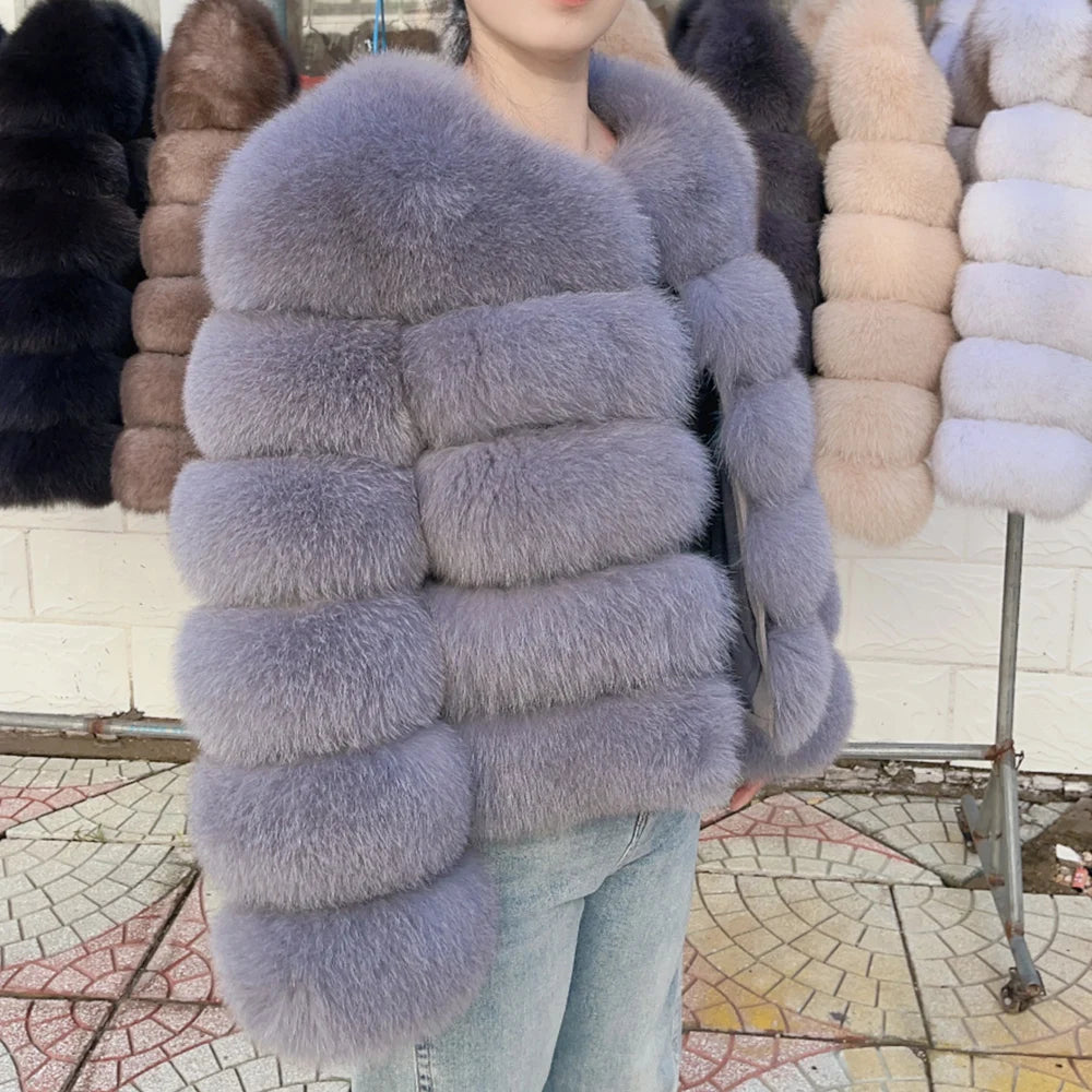 Women Real Fox Fur Winter Coat Brown Leather Jacket