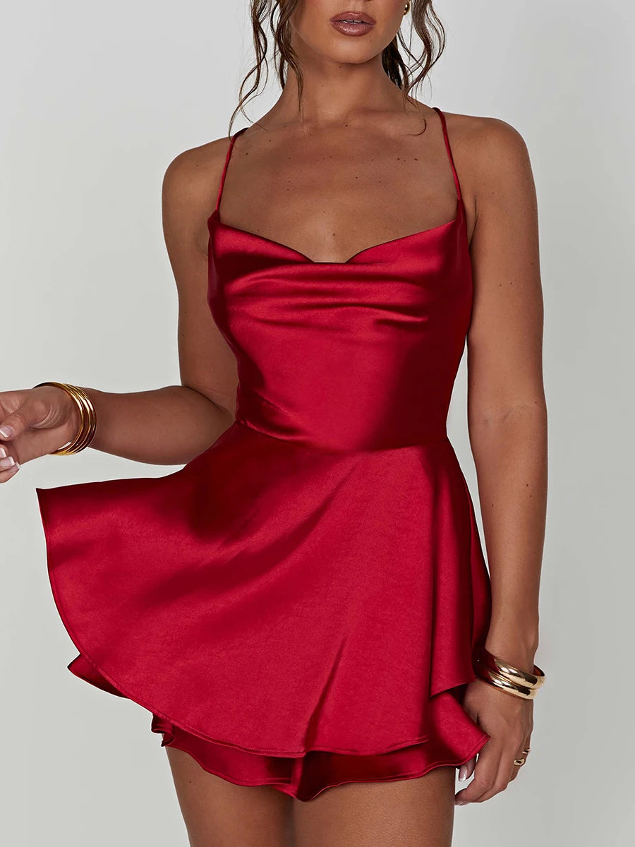 Women Satin Silk Cami Playsuit Cowl Neck Backless Sleeveless Summer Romper