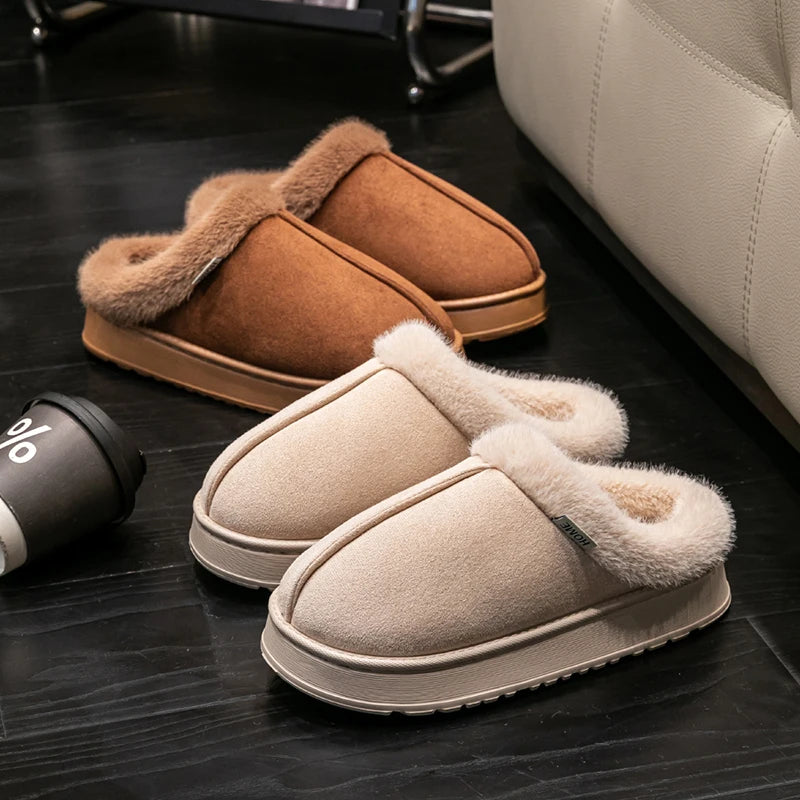 Fluffy Slippers Winter Warm Plush Indoor Shoes Non Slip EVA Thick Sole Home Slippers Women Men