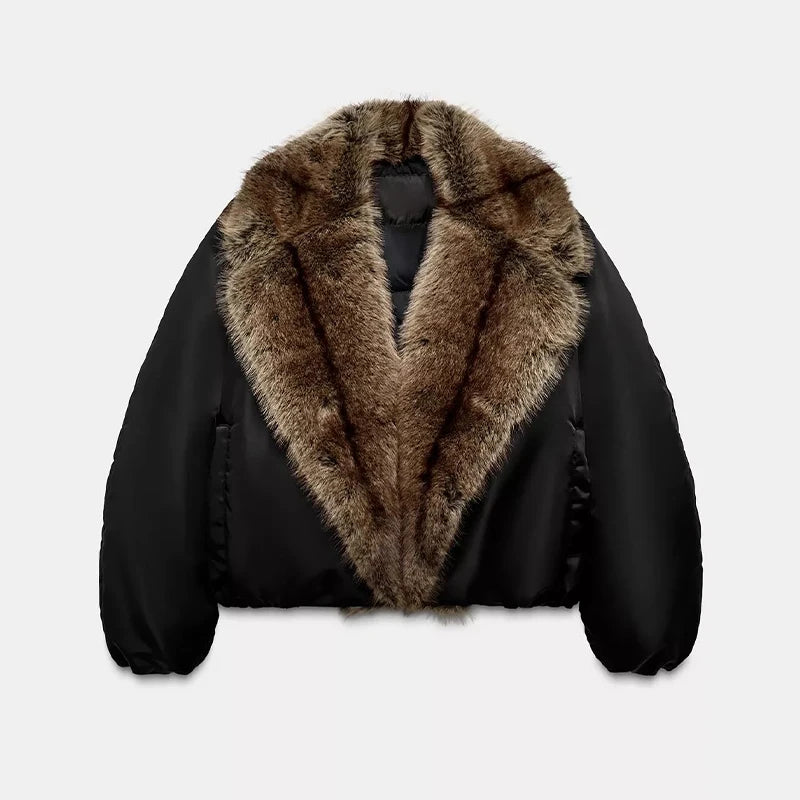 Women Faux Fur Patchwork Cropped Jacket Loose Fit Winter Warm Coat Streetwear