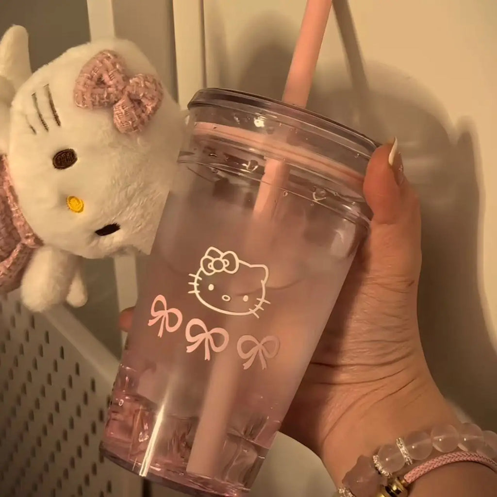 Hello Kitty Pink Straw Cup Large Capacity Transparent Water Bottle