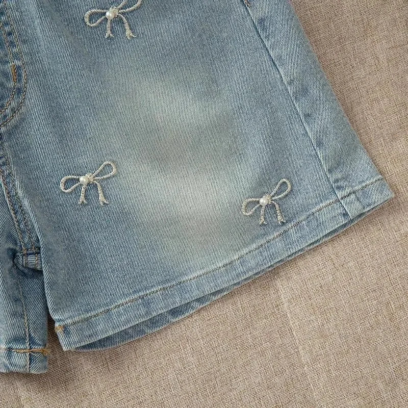 Girls Embroidered Bow Denim Shorts Summer Cotton Jeans 2 to 12 Years