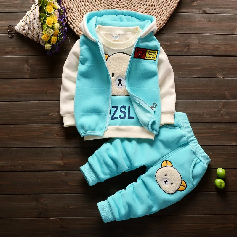 Baby Boys Girls Plus Velvet Fleece Pajama Set Winter Warm 3 Piece Sleepwear