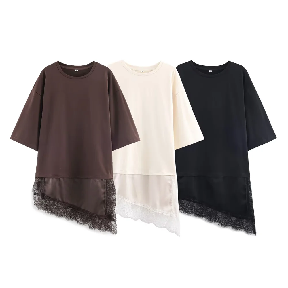 Women Asymmetric Lace T Shirt Slim Fit Round Neck Short Sleeve Fashion Top