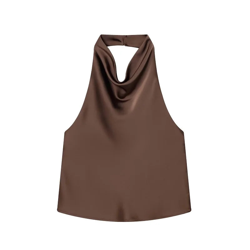 Women Satin Halter Backless Top Summer Beach Camisole Crop Top
