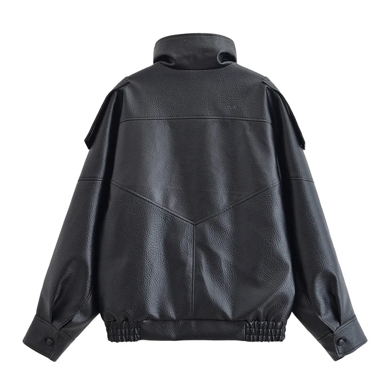Women Black Faux Leather Jacket Long Sleeve Motorcycle Style Fall Fashion Coat