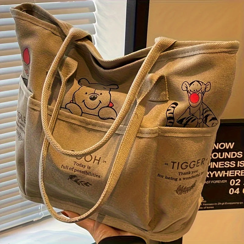 Cartoon Bear Canvas Tote Bag Large Capacity Multi Pocket Shoulder Bag