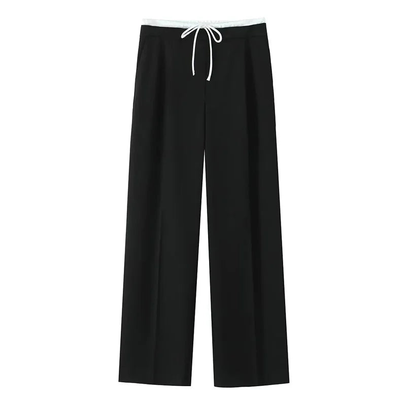 Women Pleated Baggy Pants Lace Up High Waist Casual Office Trousers