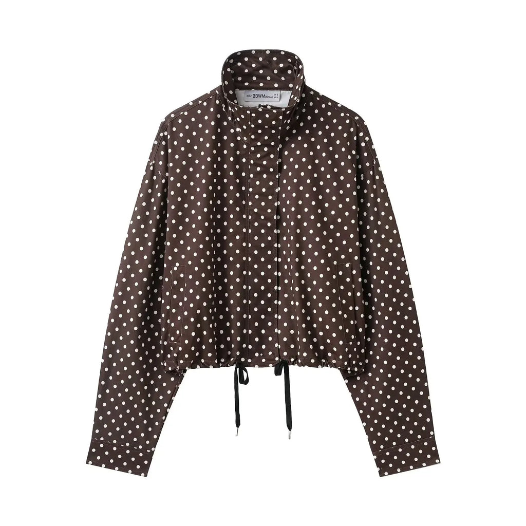 Women Polka Dot Jacket Turtleneck Long Sleeve Casual Coat with Zipper and Pockets