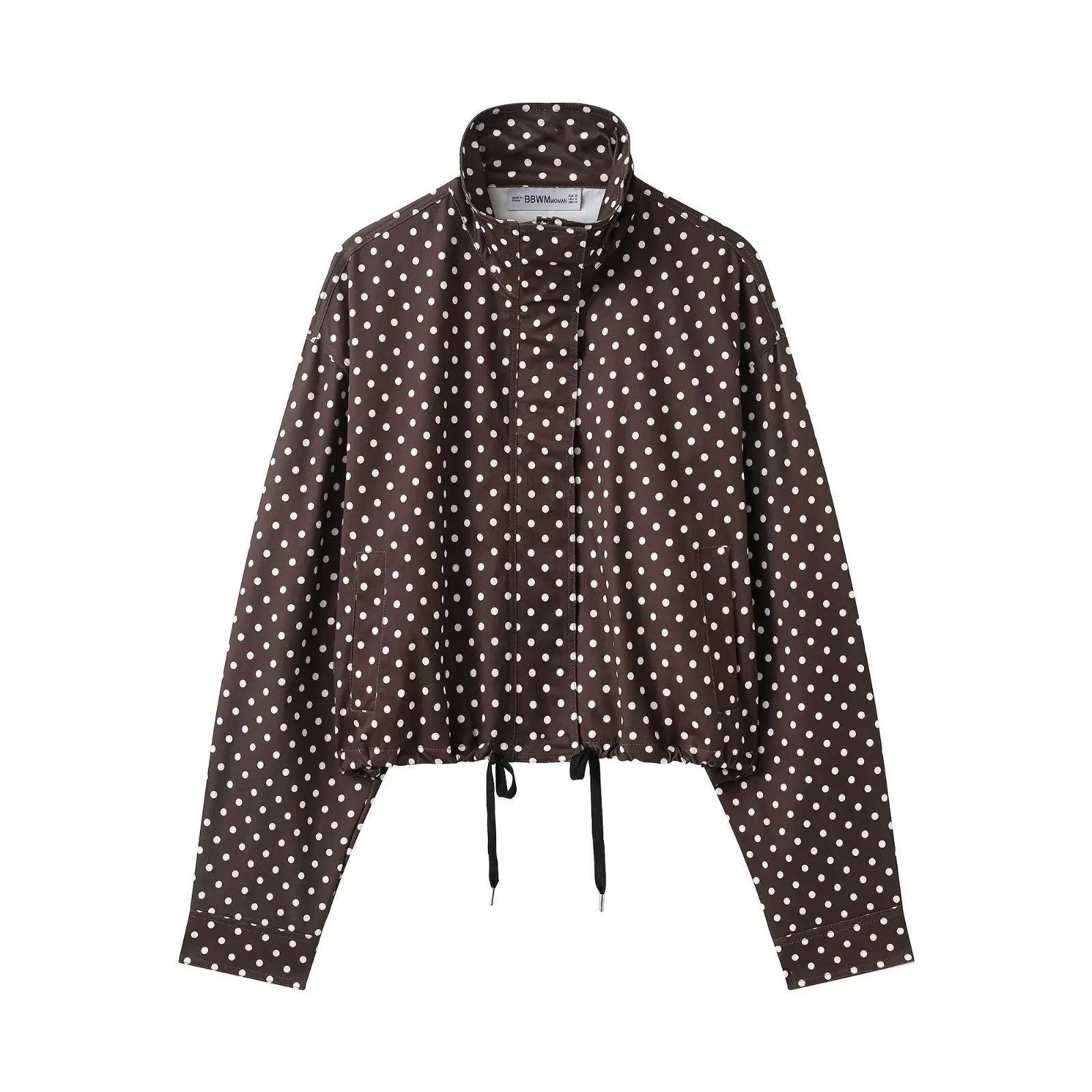 Women Polka Dot Jacket Turtleneck Long Sleeve Casual Coat with Zipper and Pockets