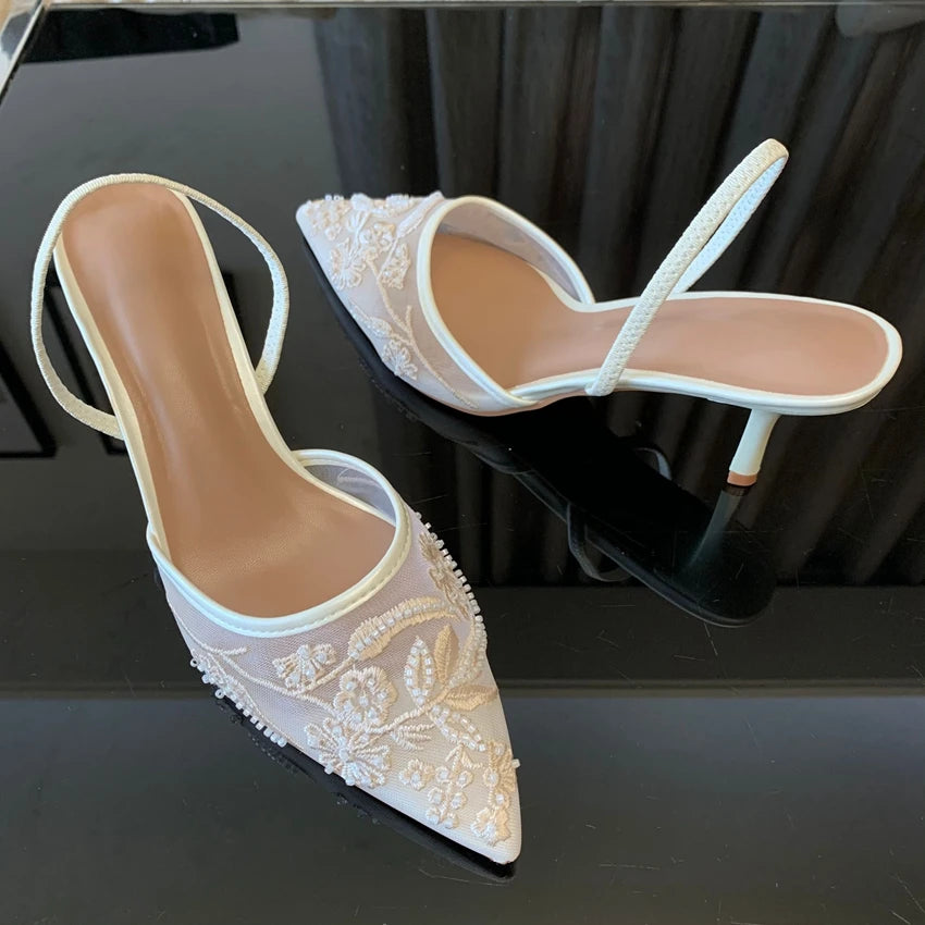 Women White Slingback High Heels Mesh Embroidered Floral Wedding Dress Shoes