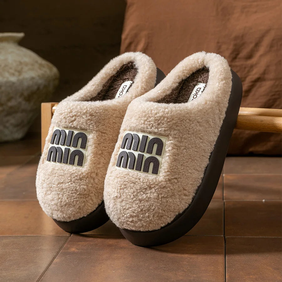 Women Plush Cotton Slippers Thick Sole Winter Indoor Warm Non Slip Home Shoes