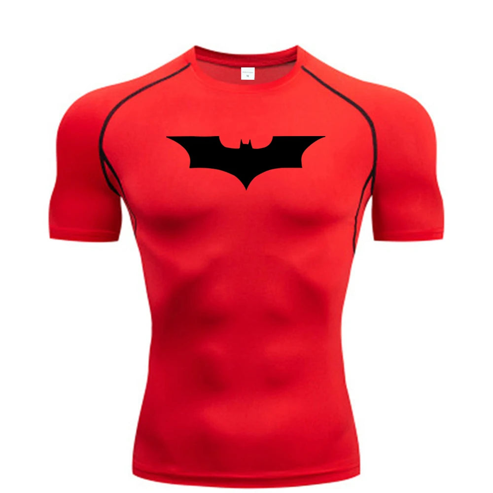 Men Bat Print Compression T Shirt Short Sleeve Gym Running Fitness Tee