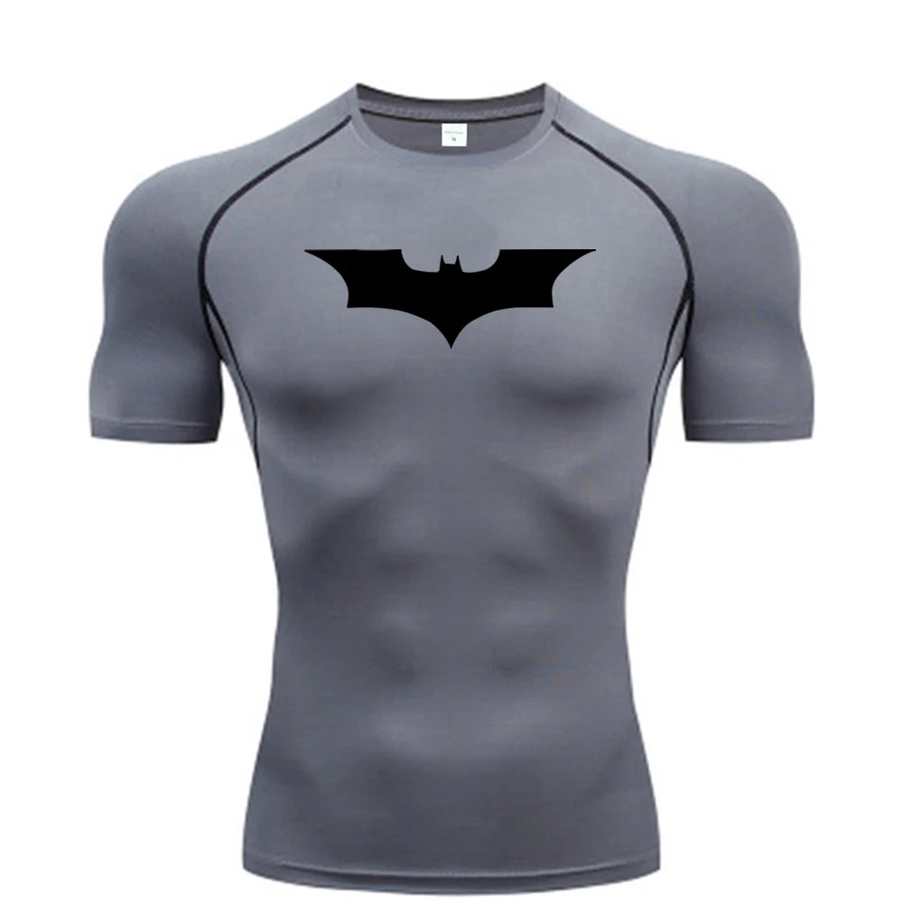 Men Bat Print Compression T Shirt Short Sleeve Gym Running Fitness Tee