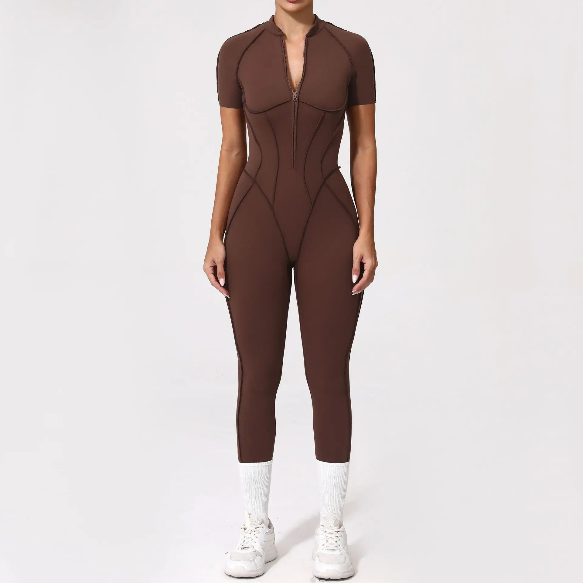 Women Zip Gym Jumpsuit Open Back Yoga Fitness Tracksuit Sports Bodysuit