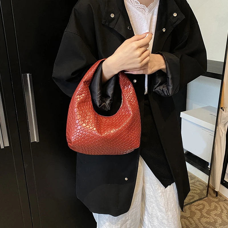 Women Woven Embossed Hobo Bag Soft PU Leather Shoulder Handbag