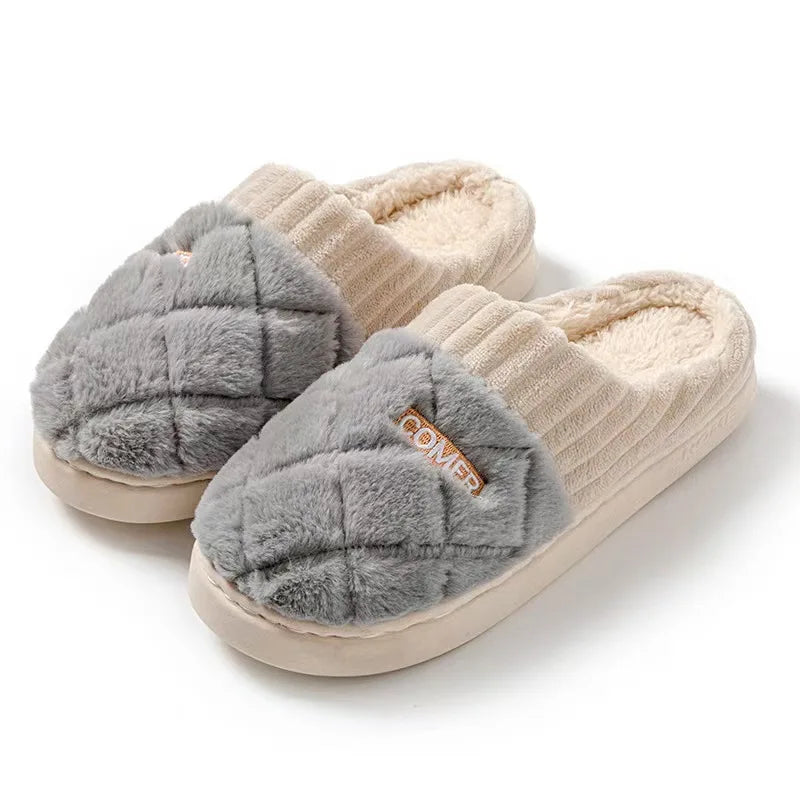Quilted Plush Slippers Women Cozy Winter Soft Indoor Anti Slip House Shoes