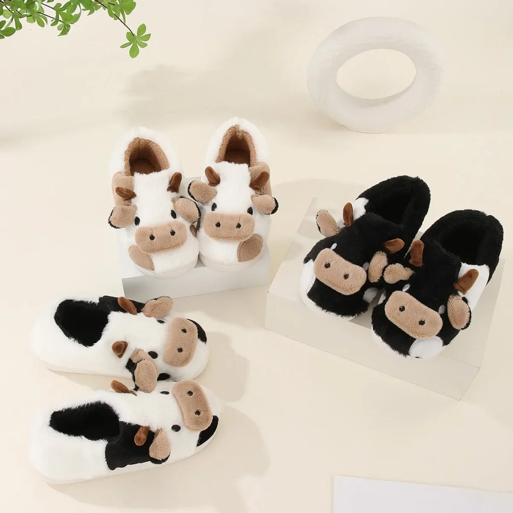 Cute Cow Slippers Plush Indoor Warm Cartoon Animal Home Shoes for Couples
