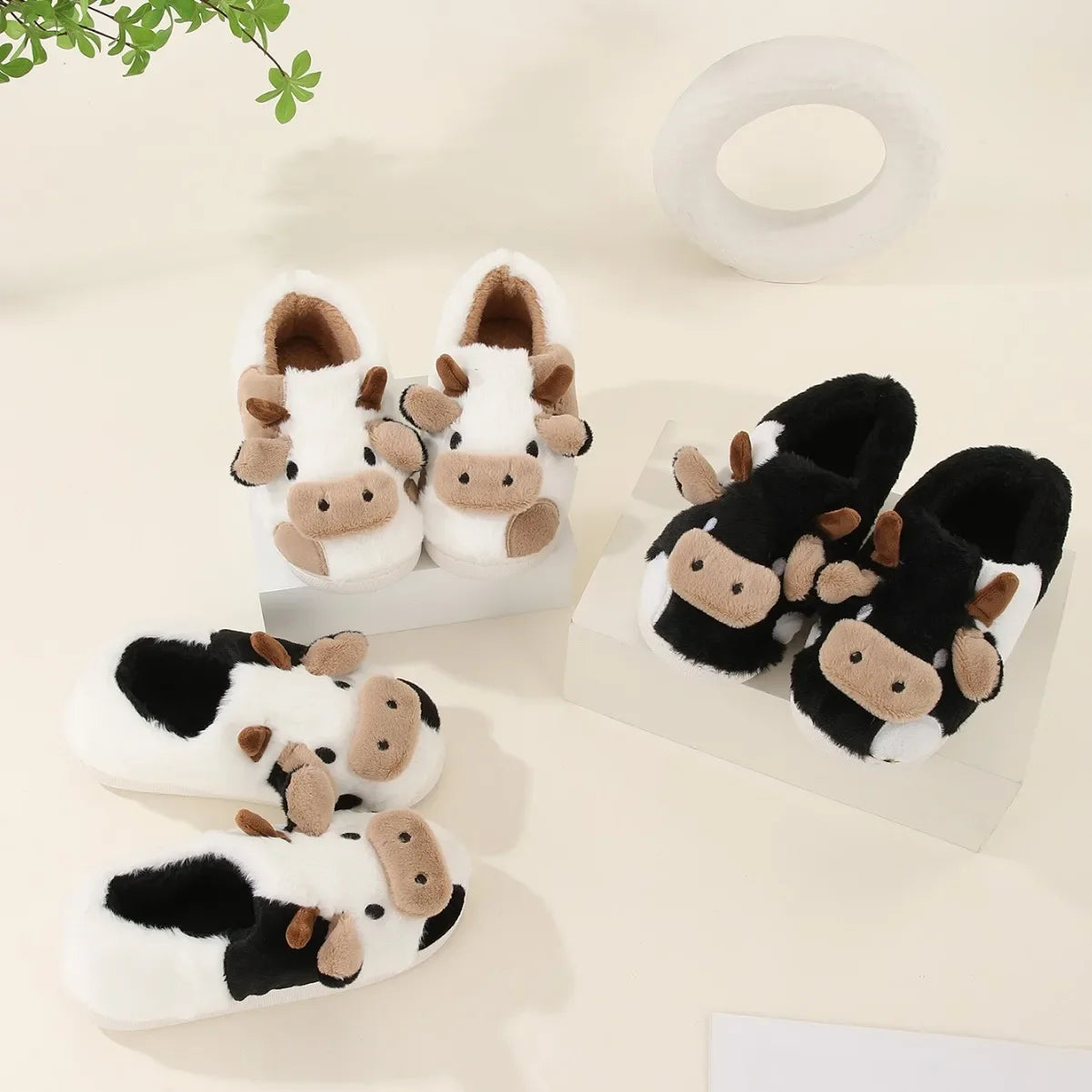 Cute Cow Slippers Plush Indoor Warm Cartoon Animal Home Shoes for Couples