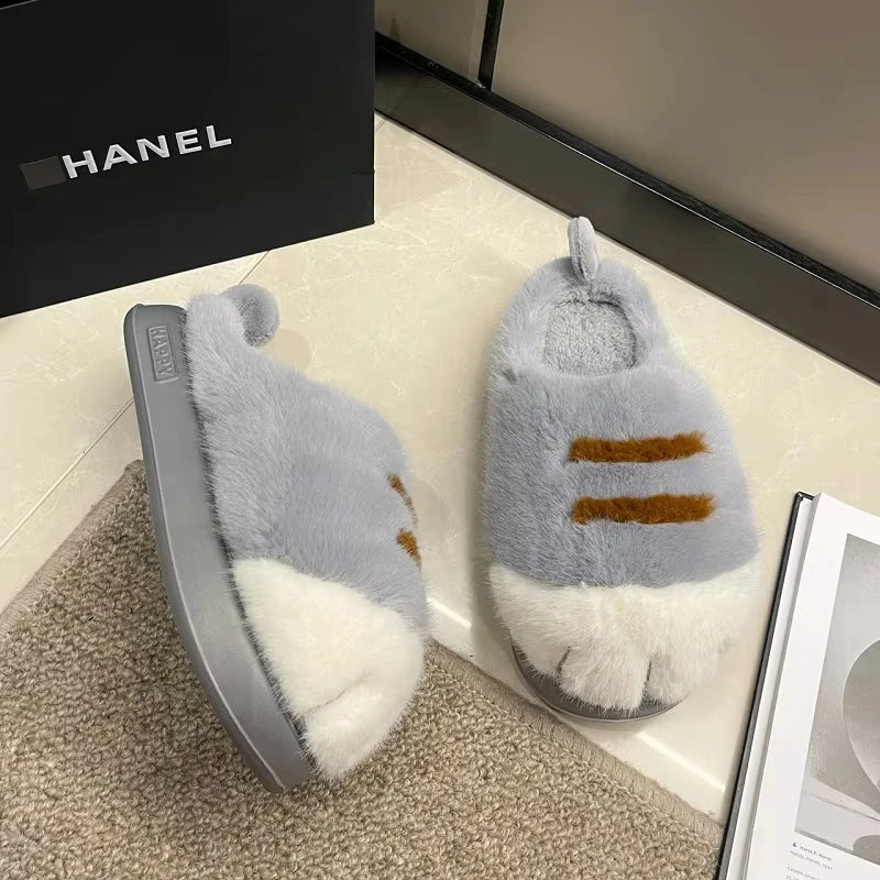 Women’s Cat Paw Fluffy Slippers Warm Non Slip Home Shoes