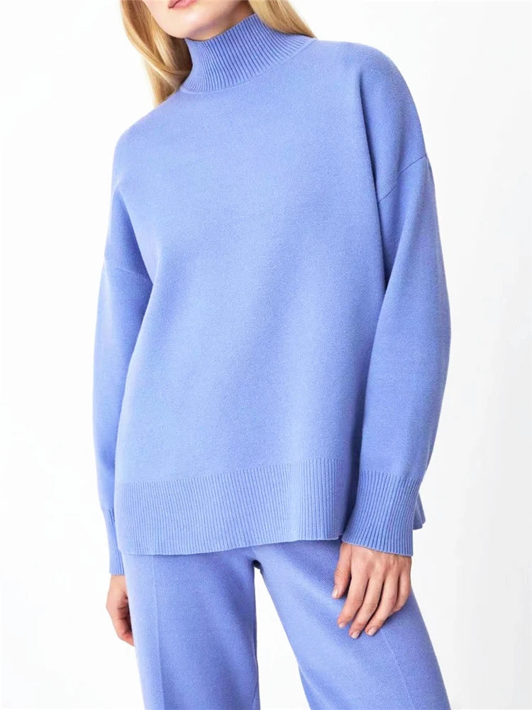 Women Knitted Two Piece Set Turtleneck Sweater and Straight Jogger Pants Winter Tracksuit