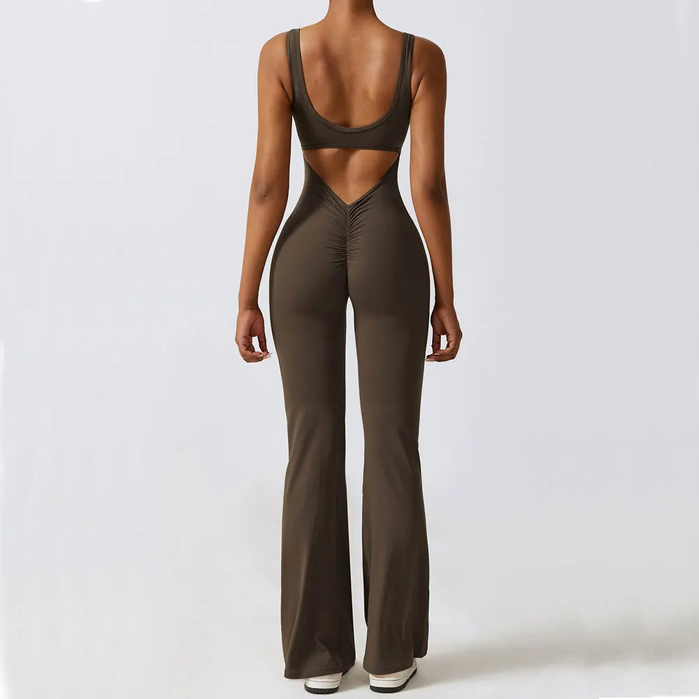 Women Backless Flare Jumpsuit Push Up Body Shaping Fitness Yoga Romper