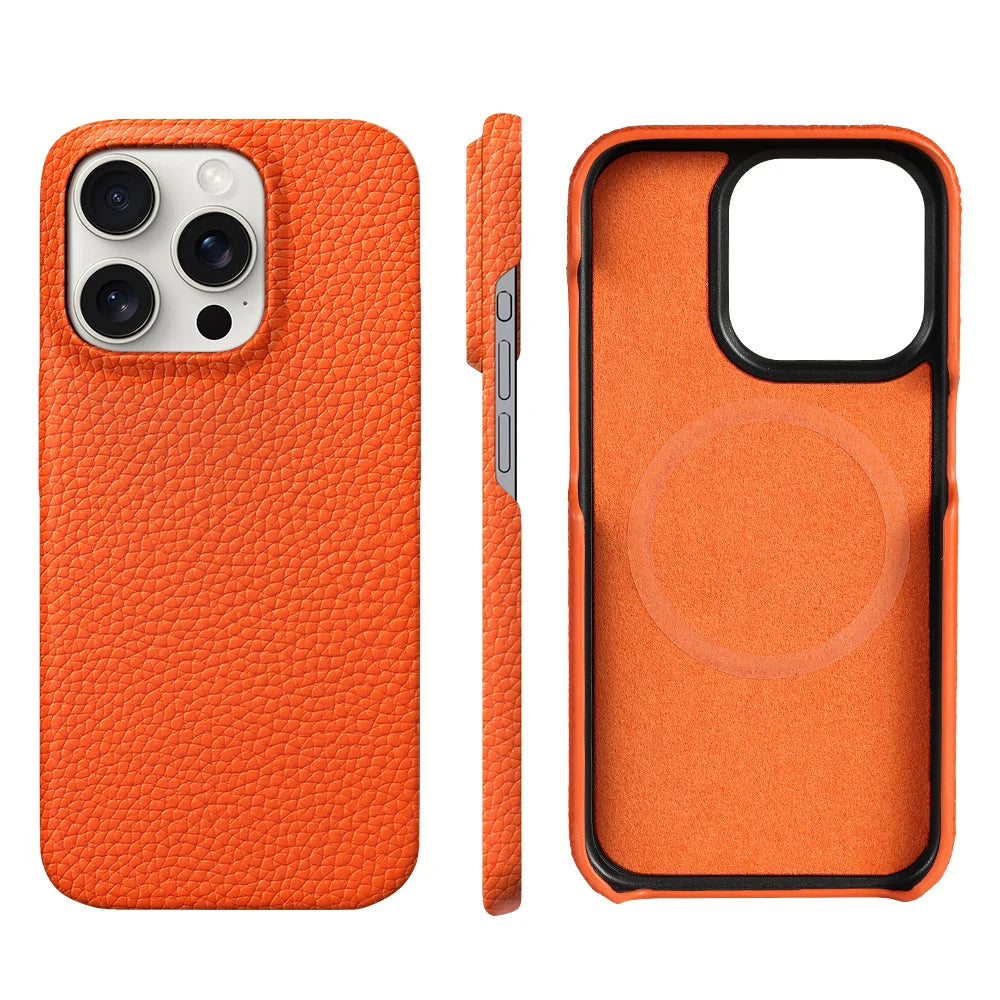 Cowhide Lychee Leather Magnetic iPhone Case