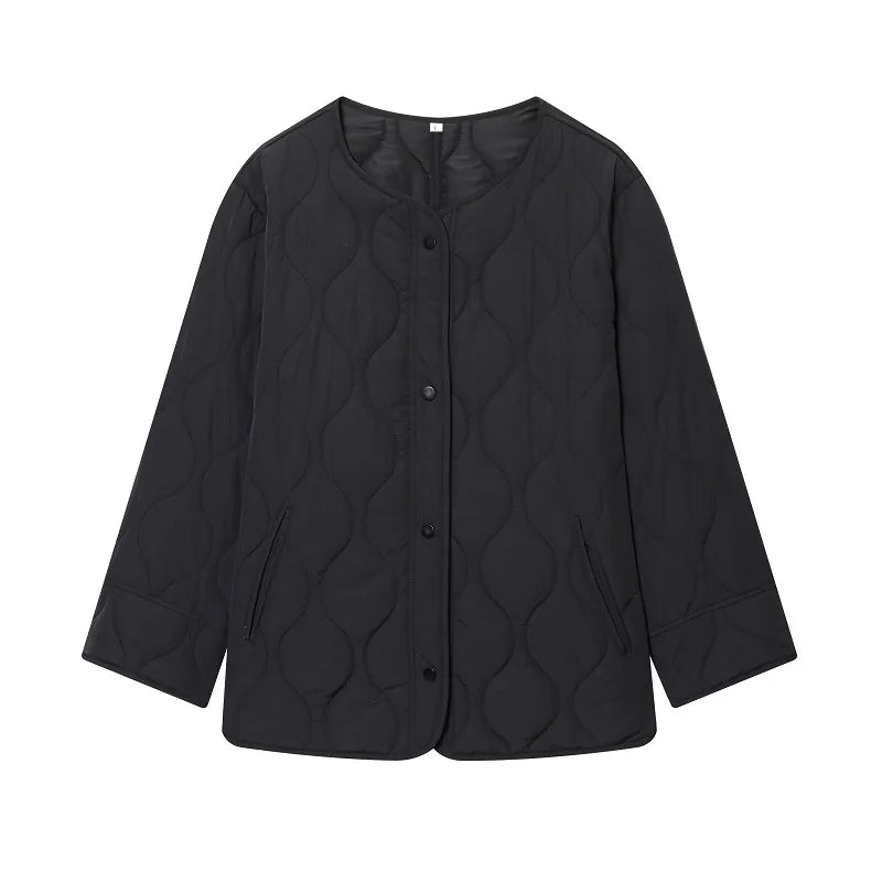 Women Black Quilted Padded Jacket Long Sleeve Winter Coat