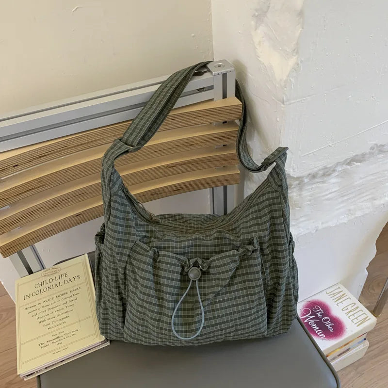 Nylon Shoulder Bag Plaid Tote Crossbody Drawstring Cloud Commuter Bag