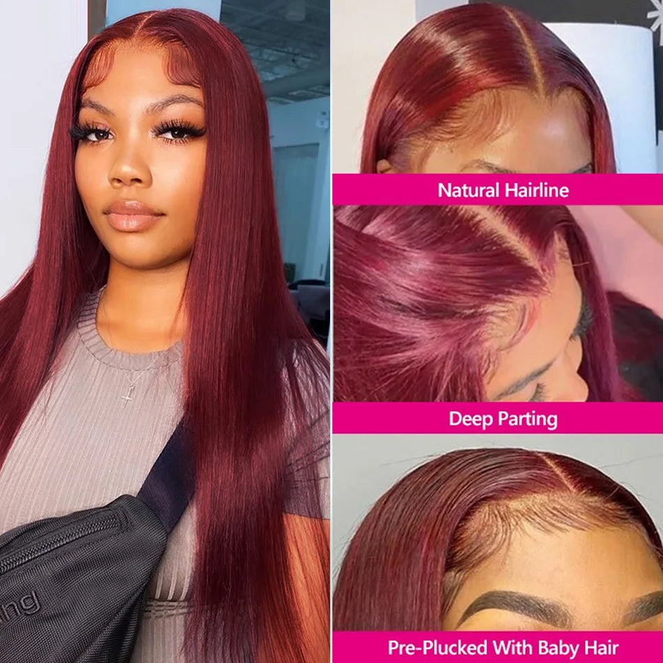 99J Burgundy Wig – Straight HD Lace Front Human Hair Wig (Wine Red)