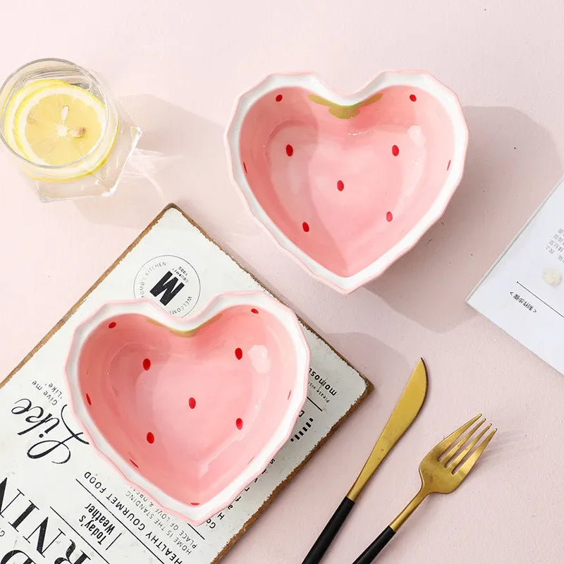 Strawberry Ceramic Ramen Bowl with Spoon Cute Anti Scald Instant Noodle Bowl