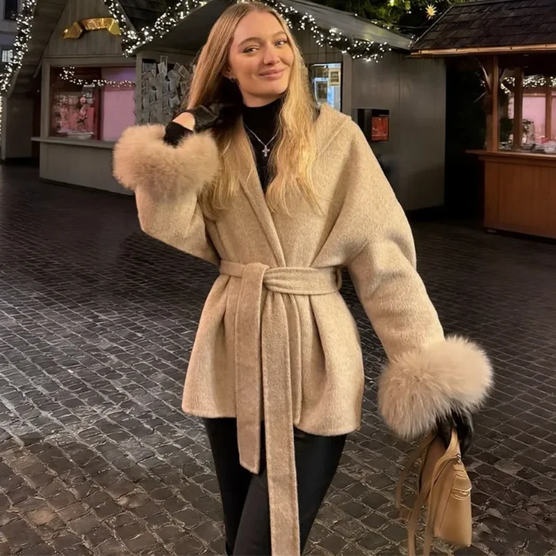 Women Wool Coat Faux Fur Collar Short Double Sided Elegant Jacket