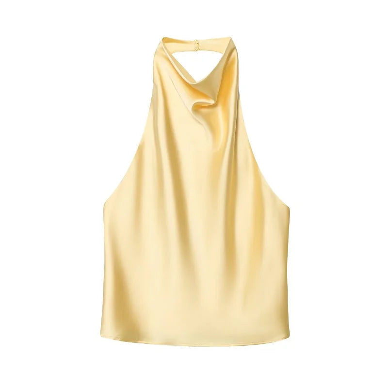 Women Satin Halter Backless Top Summer Beach Camisole Crop Top