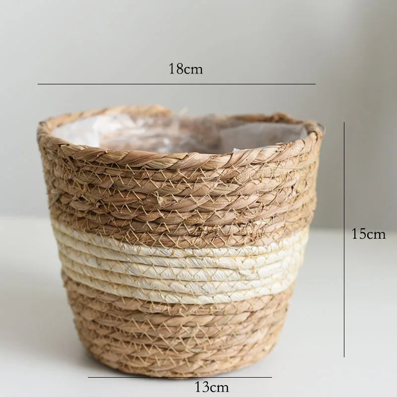 Straw Weaving Plant Pot Basket Grass Planter Cover Indoor Outdoor Flower Container