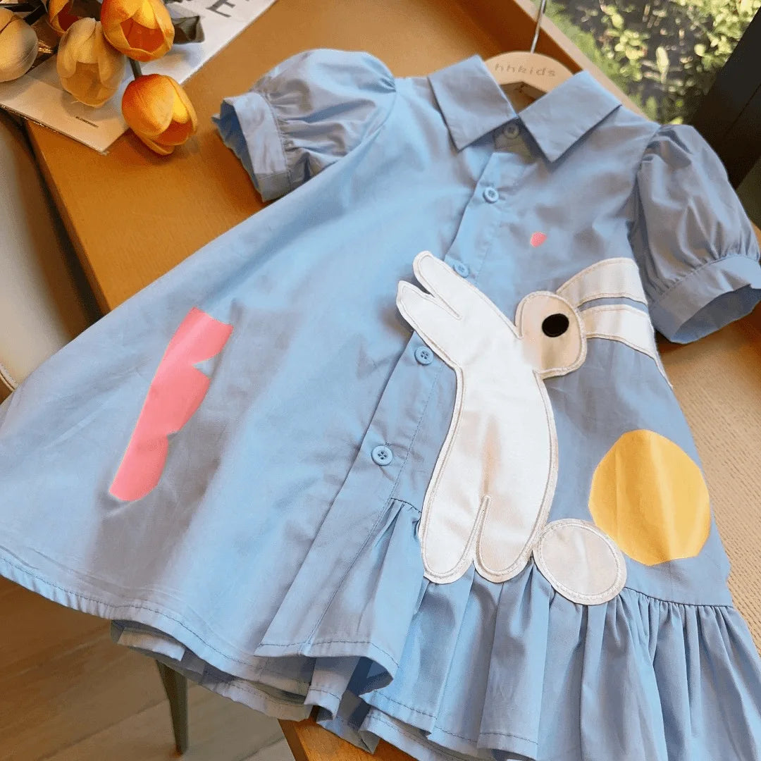 Girls Rabbit Puff Sleeve Cotton Dress Summer Turn Down Collar Princess Outfit