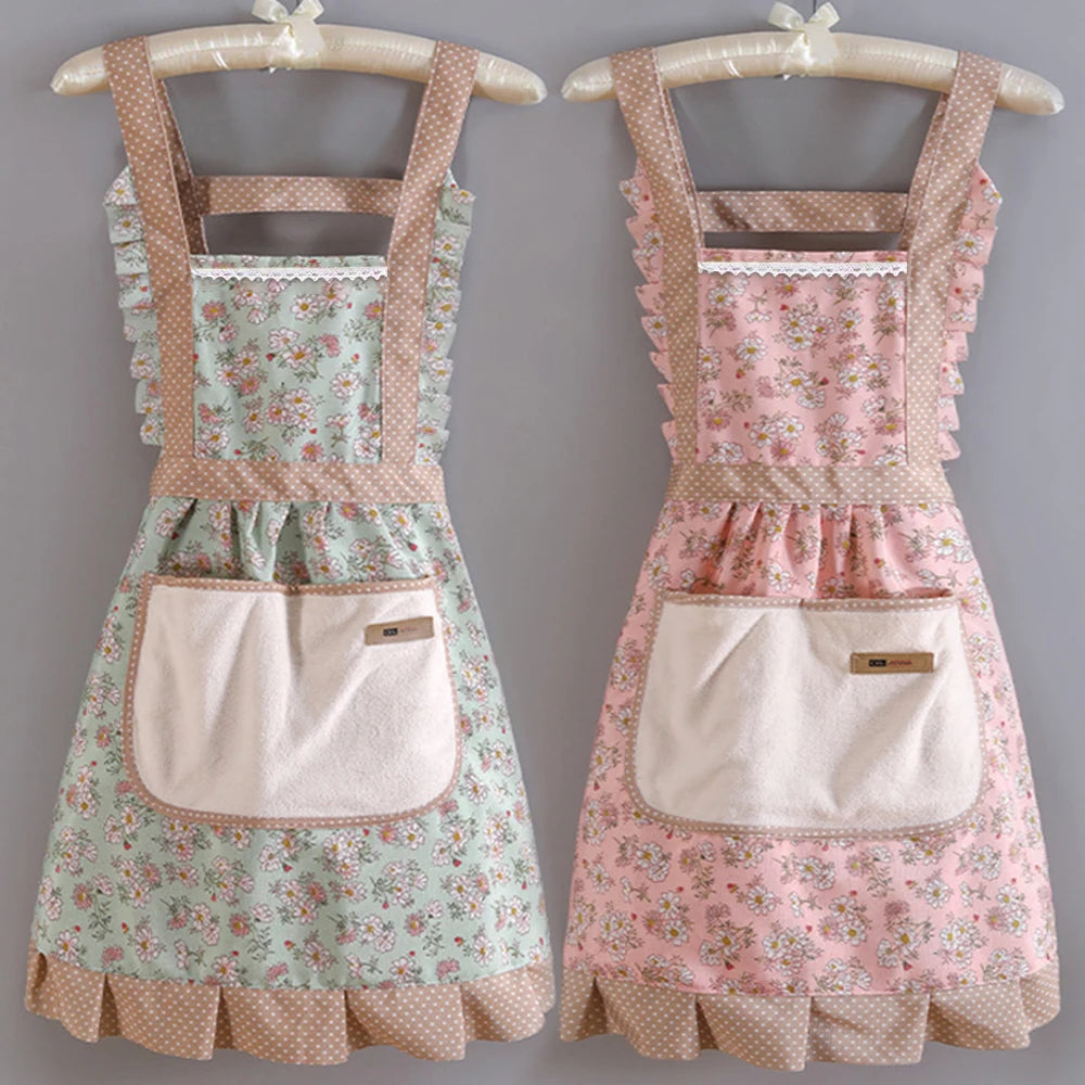 Women Floral Kitchen Apron with Pocket Adjustable Cooking Apron