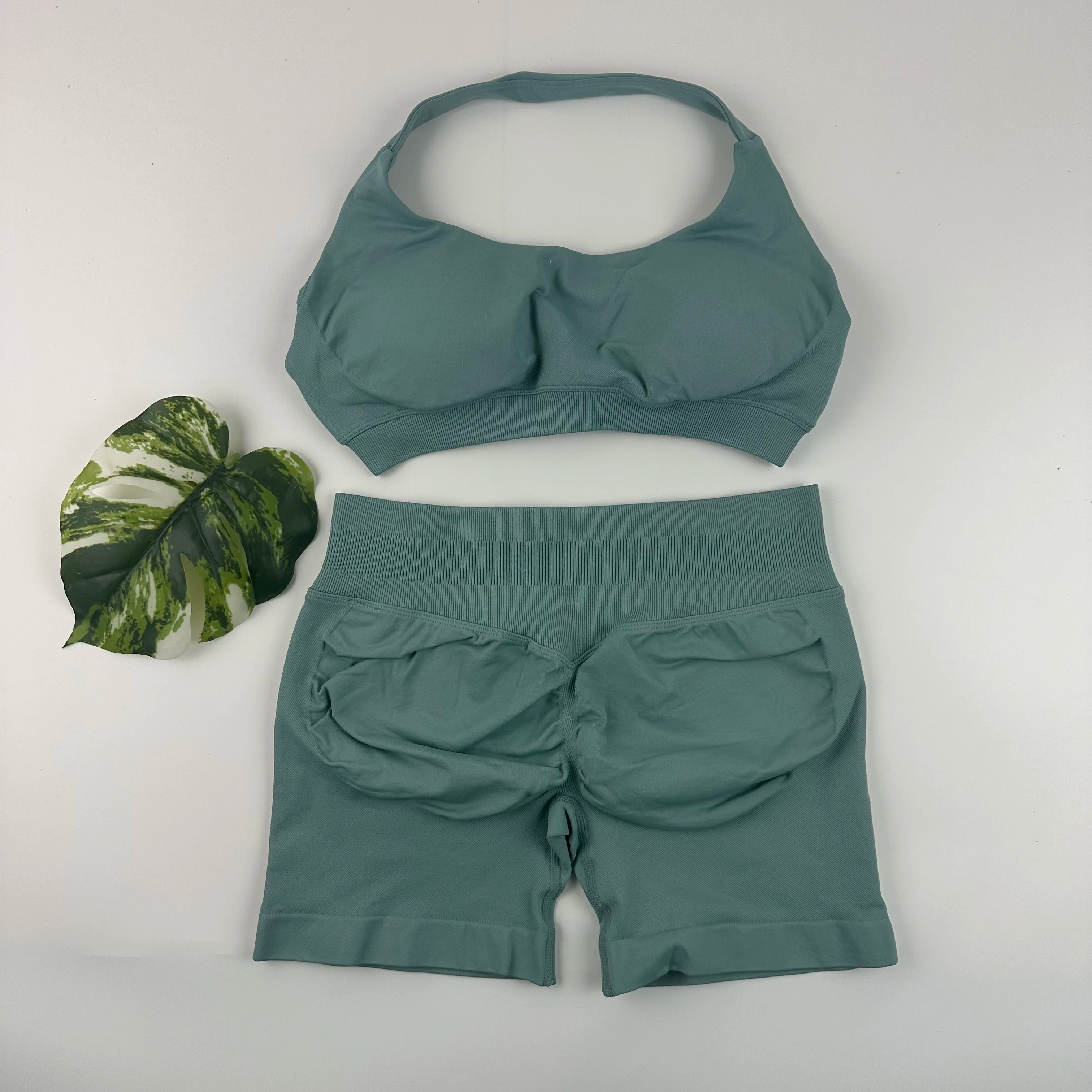 Seamless Yoga Set Halter Sports Bra Scrunch Shorts Gym Workout Fitness Set