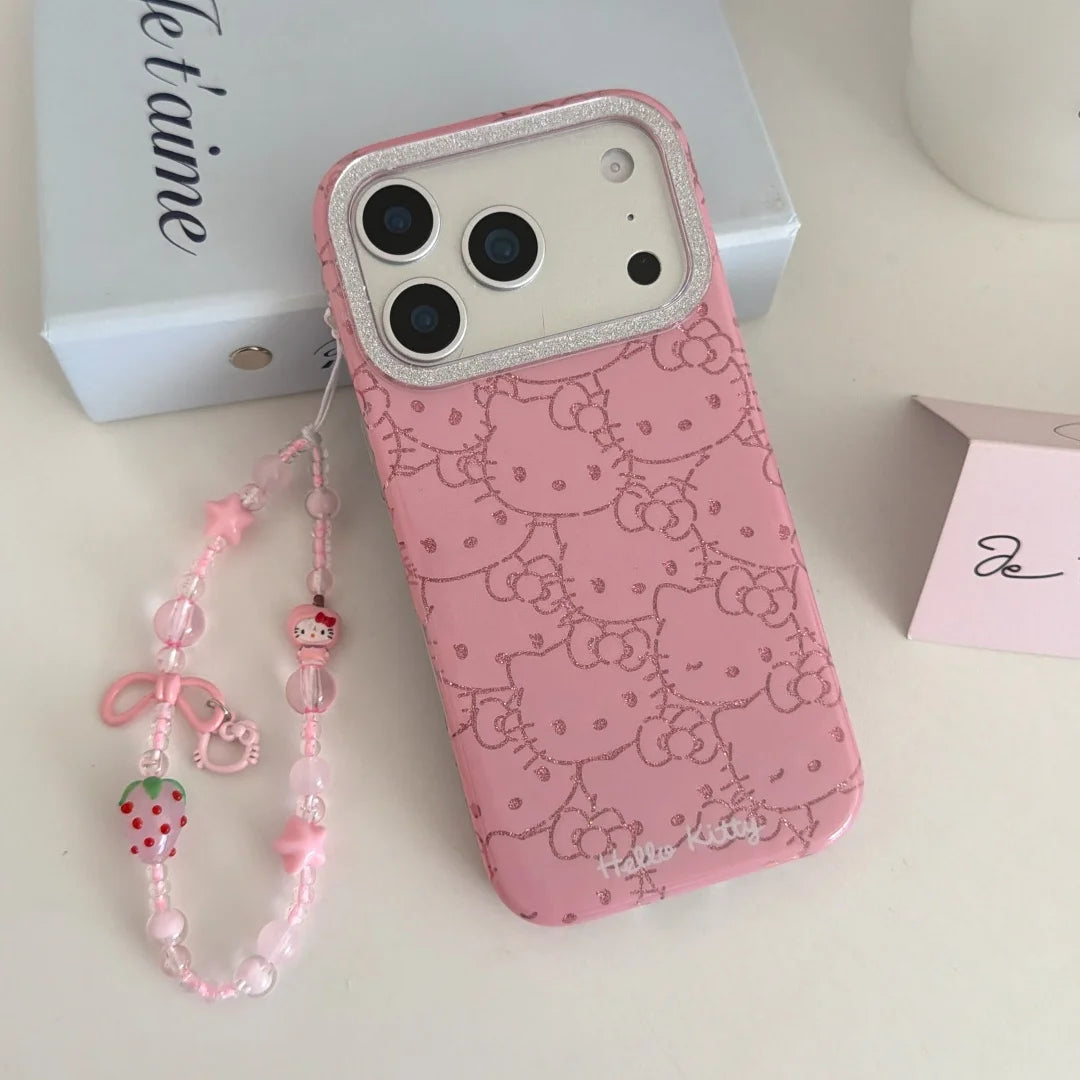 Full Screen Pink Lines Hello Kitty Glitter iPhone Case