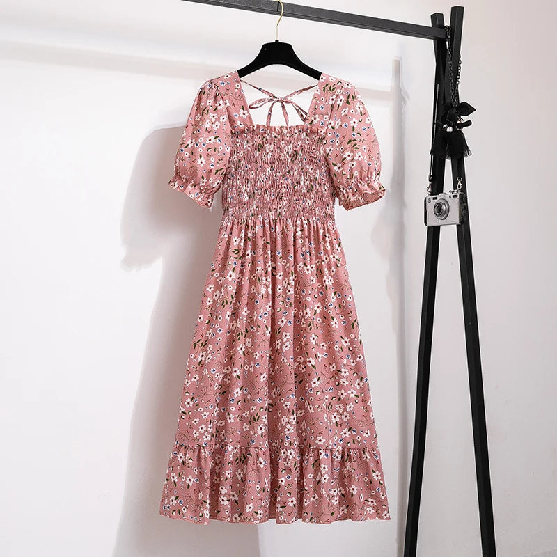 Women’s Chiffon A-Line Dress Short Sleeve Pleated Elastic Waist Casual Summer Dress