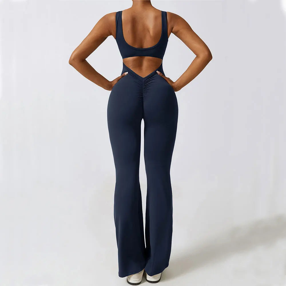 Women Backless Flare Jumpsuit Push Up Body Shaping Fitness Yoga Romper