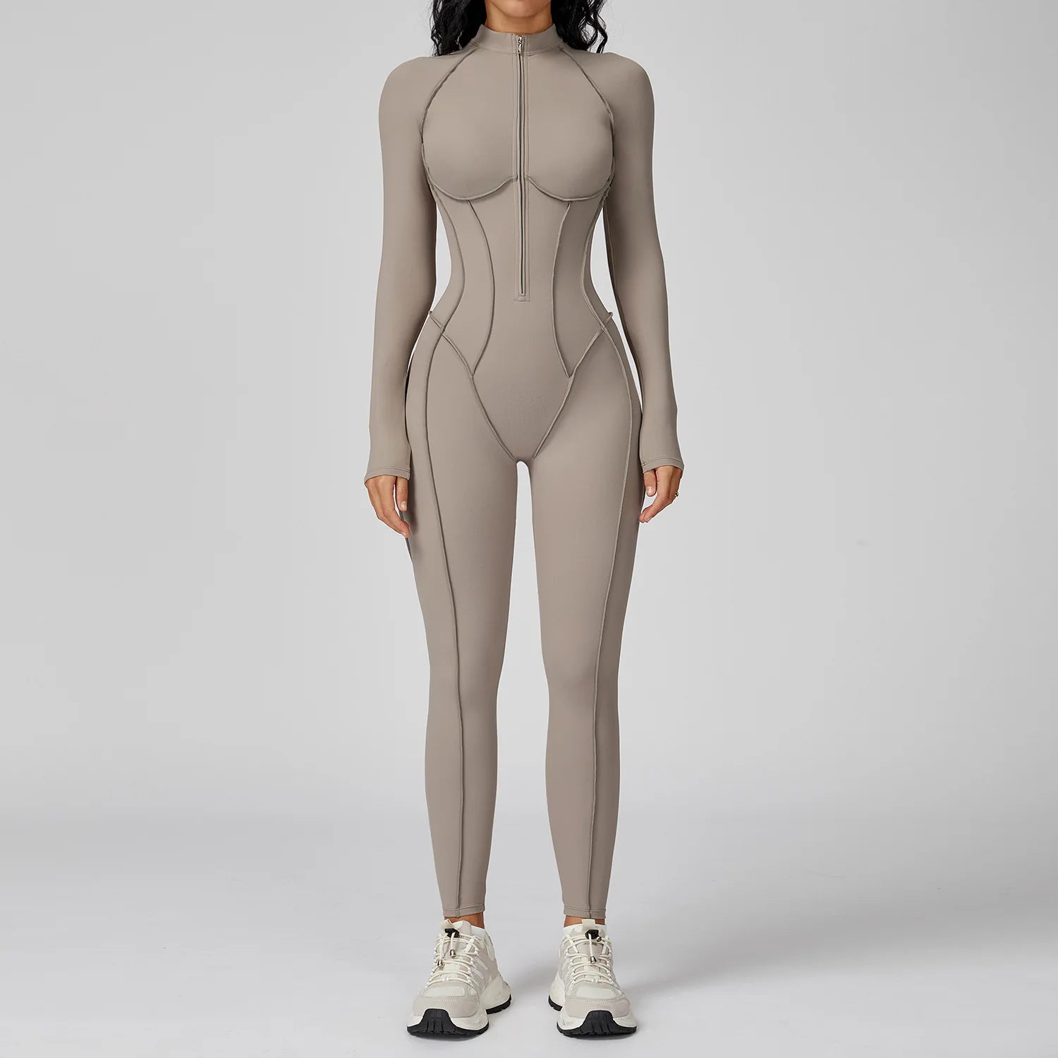 Women Long Sleeve Zip Front Fitness Jumpsuit Body Shaping One Piece Workout Suit
