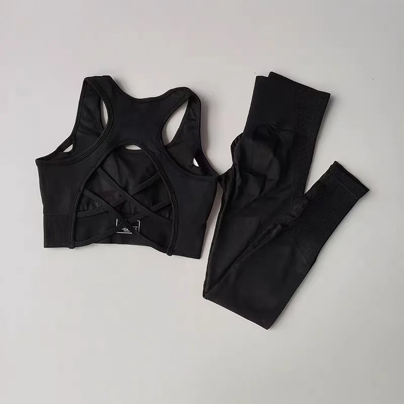 Women Sports Bra Set Tank Top Leggings Yoga Fitness Outfit Shockproof Gym Set