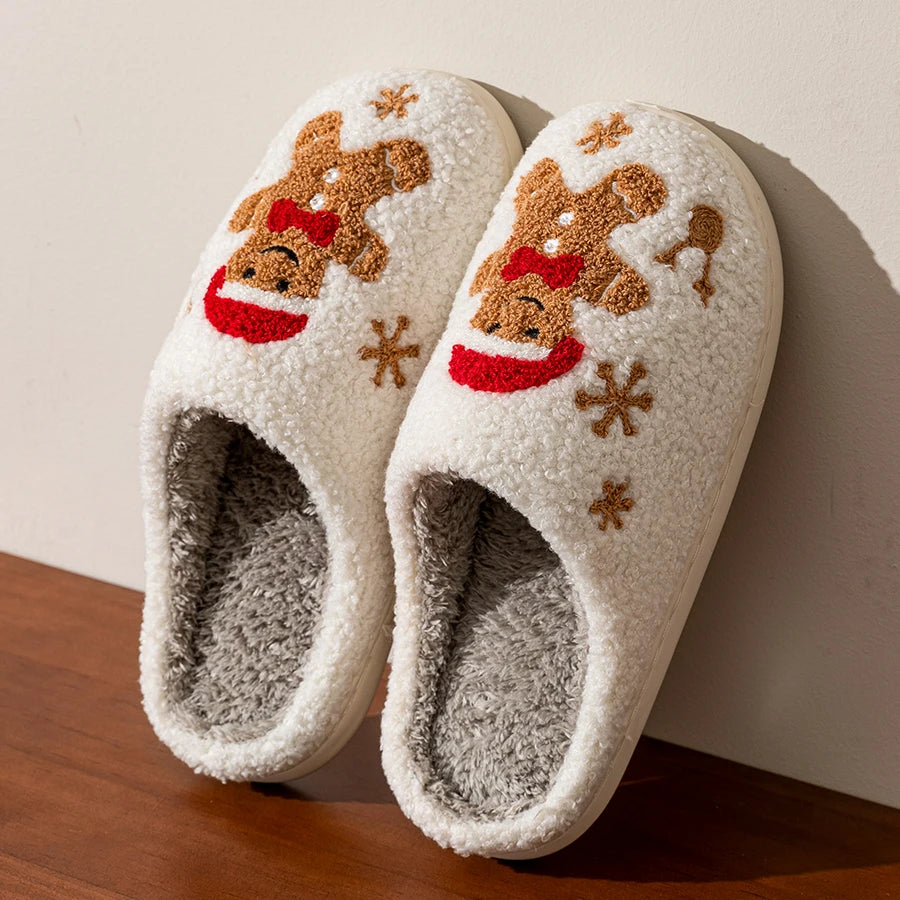 Christmas Plush Slippers Women Cozy Gingerbread Cute Winter Indoor Warm Soft Home Shoes