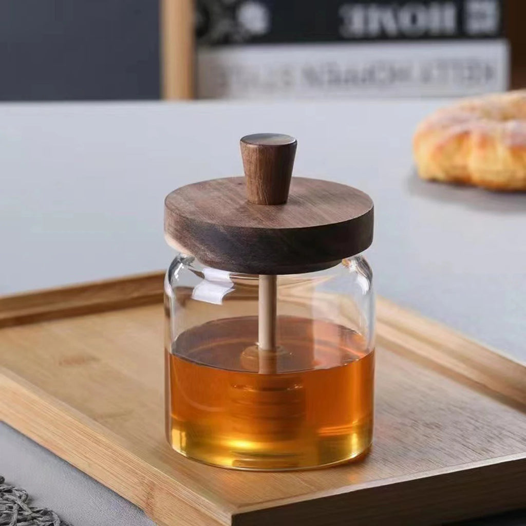 Glass Honey Jar with Dipper Lid Wide Mouth Syrup Dispenser Container