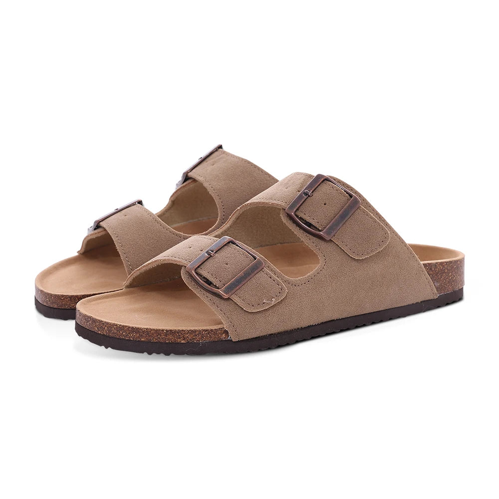 Suede Mule Slippers Cork Footbed Clogs Adjustable Buckle Slides Comfort Arch Support Sandals Women Men