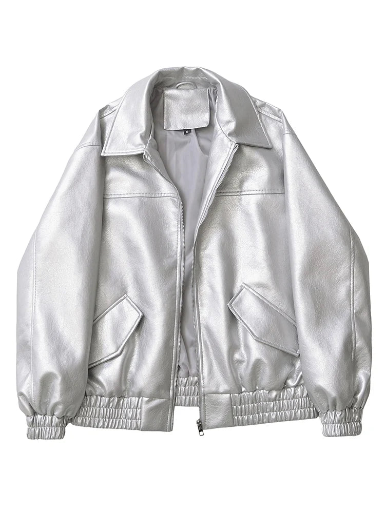 Women Retro PU Leather Biker Jacket Loose Fit Zipper Coat Streetwear Outwear