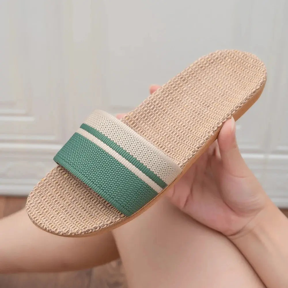 Women Linen Slippers Anti Slip Indoor Home Slides Lightweight Breathable Summer Flat Sandals