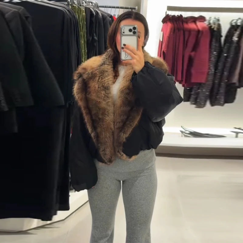Women Faux Fur Patchwork Cropped Jacket Loose Fit Winter Warm Coat Streetwear